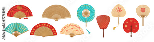Traditional Asian fans realistic vector illustration set. Chinese culture. Oriental handheld souvenirs 3d objects on white background