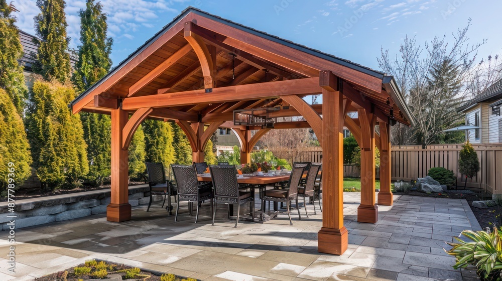 handcrafted wooden Craftsman-style outdoor dining pavilion, perfect for al fresco meals and entertaining handcrafted wooden Craftsman-style outdoor dining pavilion, perfect for al fresco meals and entertaining