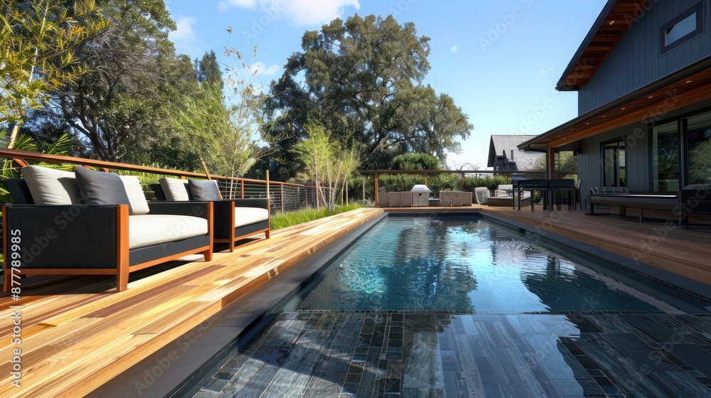 Fototapeta premium handcrafted wooden Craftsman-style pool deck, featuring integrated seating and a custom railing for safety and style