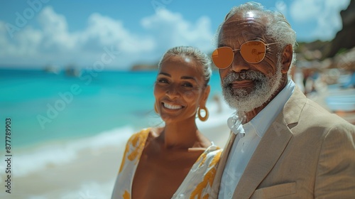 Elderly intelligent couple in love spending time romantically on the beach near the sea, walking holding hands and gently hugging.