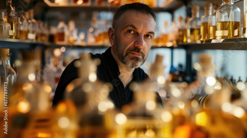 The picture of the perfume maker working inside the laboratory about research and testing new perfume or cologne, the perfume maker require skills like chemistry knowledge and product testing. AIG43. photo