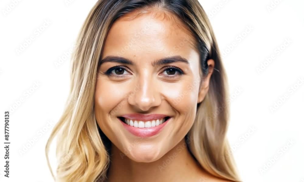 Video portrait of woman with light hair smiling warmly at the camera against a white background Video portrait of woman with light hair smiling warmly at the camera against a white background