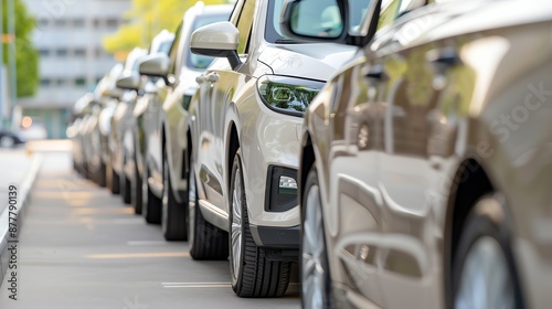 Fleet of electric vehicles leaving a corporate HQ, corporation, flow, eco-friendly transport photo