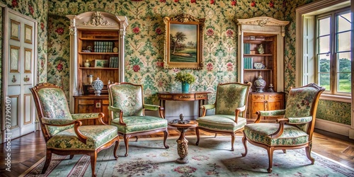 Elegant 19th-century English countryside estate interior with four ornate empty chairs, intricate wallpaper, and lavish furnishings, evoking the refined lives of literary heritage sisters. photo