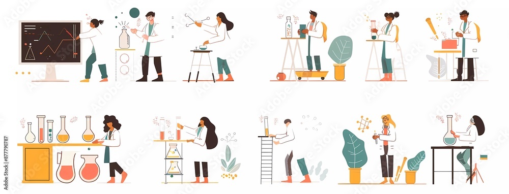Set of vector illustrations in a cartoon style with a white background and thin outlines, depicting students in lab coats doing experiments on chalkboards while holding test tubes, Set of vector illustrations in a cartoon style with a white background and thin outlines, depicting students in lab coats doing experiments on chalkboards while holding test tubes,