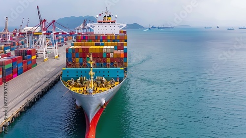 Cargo ship being loaded at a busy port, trade, planning, global freight