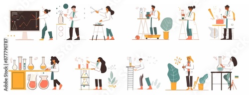 Set of vector illustrations in a cartoon style with a white background and thin outlines, depicting students in lab coats doing experiments on chalkboards while holding test tubes,