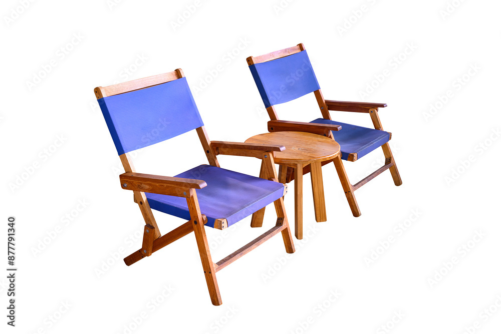Folding blue canvas wood chair and small table Folding blue canvas wood chair and small table