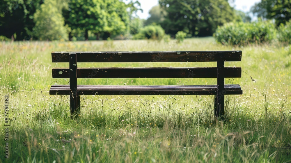A Wooden Bench in a Green Meadow on a Sunny Day A Wooden Bench in a Green Meadow on a Sunny Day