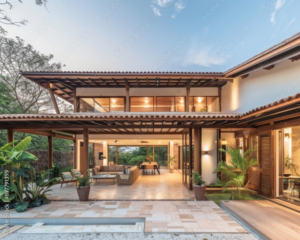 Naklejka premium Modern Luxury House with Open Living Space and Large Windows Surrounded by Tropical Plants at Sunset