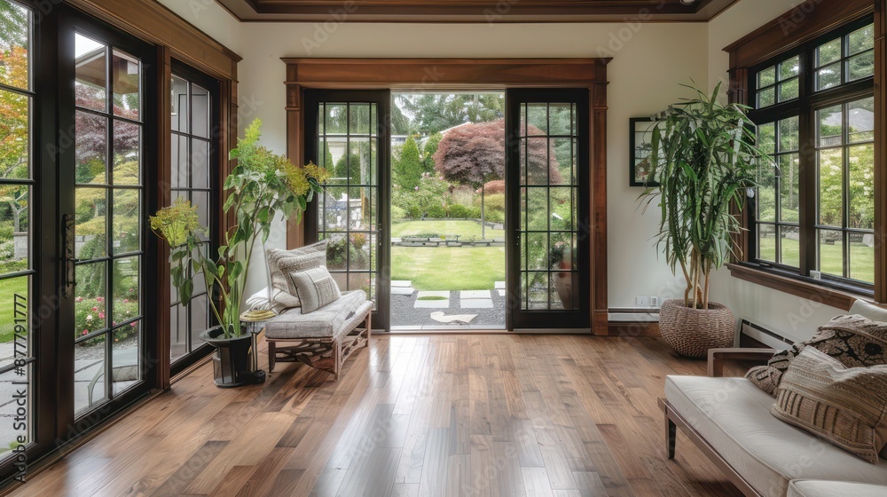snug Craftsman-style sunroom with floor-to-ceiling windows, natural wood floors, and a view of the garden snug Craftsman-style sunroom with floor-to-ceiling windows, natural wood floors, and a view of the garden