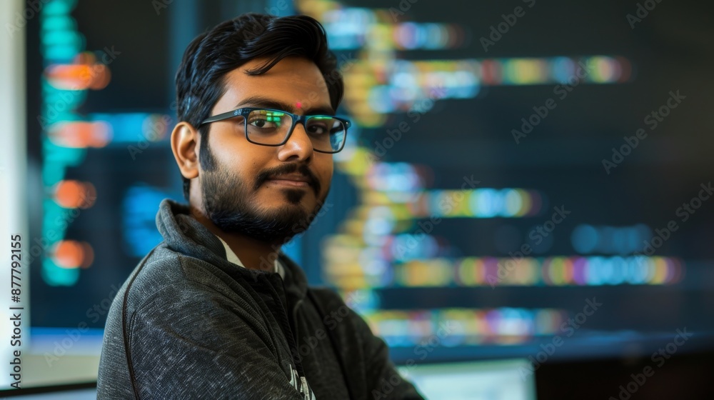 Obraz premium Indian software developer presenting code on screen, tech integration. Human expertise and technology in software development.