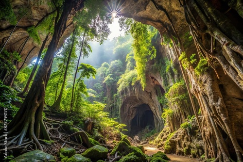 Fototapeta Naklejka Na Ścianę i Meble -  Ancient dense jungle foliage surrounds mysterious cave entrance with twisted vines and roots in Mulu National Park, Borneo, Malaysia, beckoning adventure and discovery.