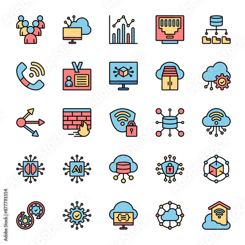 Cloud Computing Network Icons Set. Colored Outline Vector Icons. Contains Icon such as Statistics, Artificial Intelligence, Big Data, Cloud Computing, Firewall, Identity, Ethernet, Queue, Container.