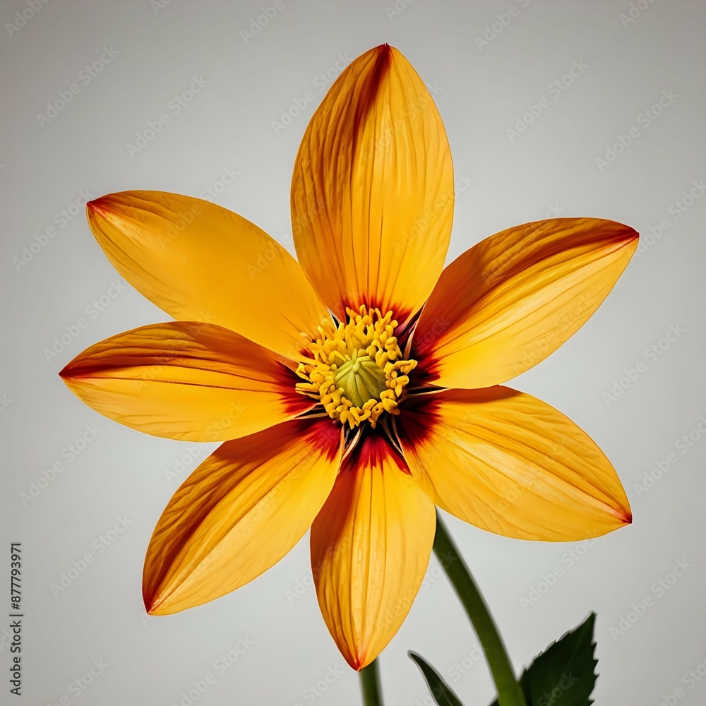 Obraz premium A single, vibrant yellow flower with red accents blossoms against a plain grey background.