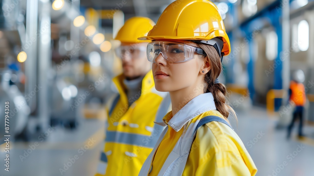 Workers following safety procedures in a manufacturing plant, enterprise, oversight, compliance procedures Workers following safety procedures in a manufacturing plant, enterprise, oversight, compliance procedures
