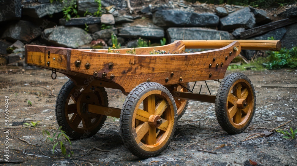 Fototapeta premium wooden Craftsman-style garden cart, designed with pneumatic tires and sturdy handles for easy transportation of garden supplies