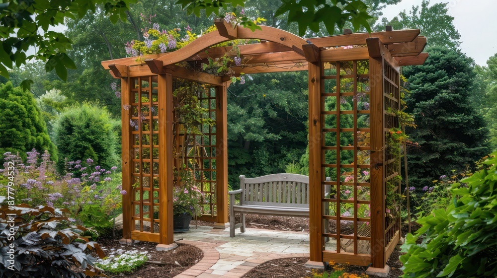 Naklejka premium wooden Craftsman-style garden trellis with integrated seating, combining support for climbing plants with a resting area for gardeners