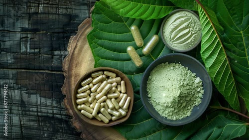 A still life arrangement featuring Kratom powder, fresh green leaves, and capsules. Alternative medicinal use of Kratom, a tropical tree, often used in traditional medicine.
