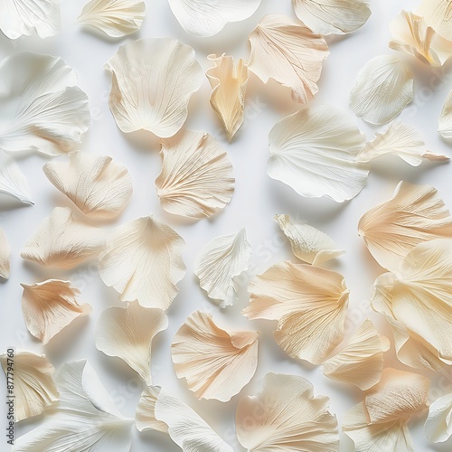 Delicate white and beige flower petals scattered on a white background.