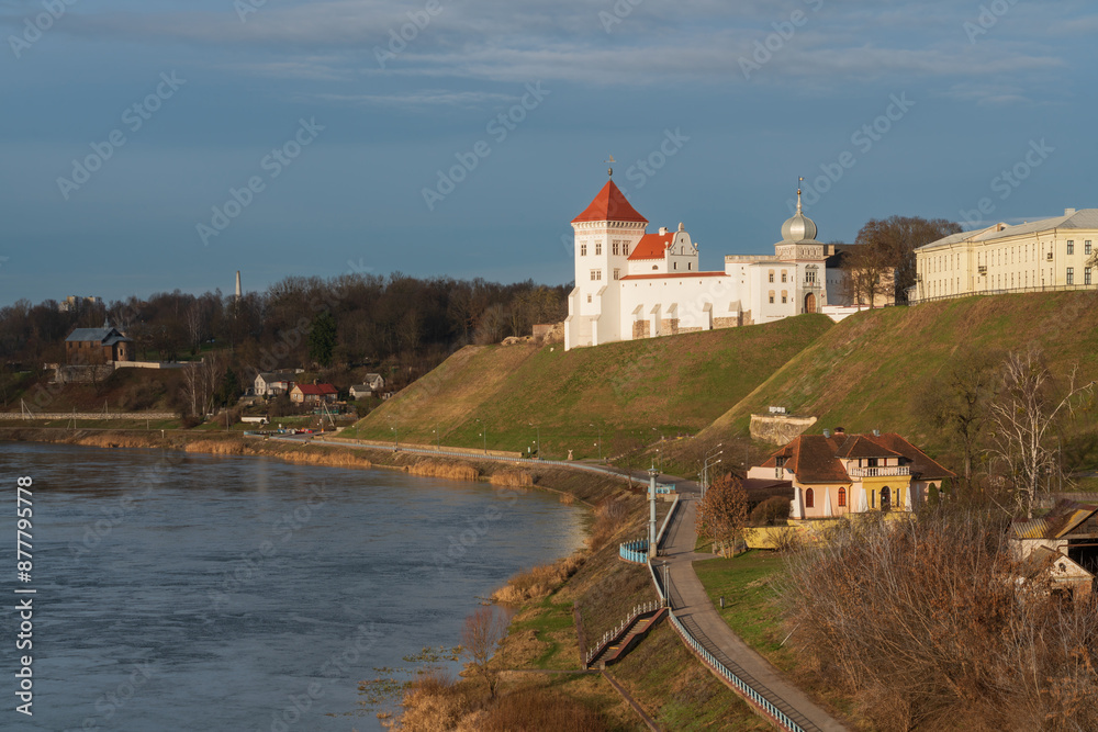 View of the Grodno Old Castle (Grodno Upper Castle) on the banks of the Neman River on a sunny day, Grodno, Belarus