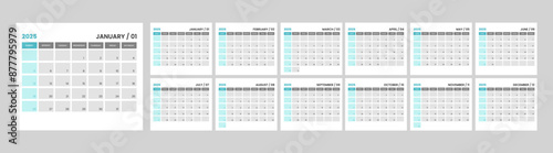 Monthly desk calendar template for 2025 year. Week Starts on Sunday. Wall calendar 2025 in a minimalist style, Set of 12 months, Planner, printing template, office organizer