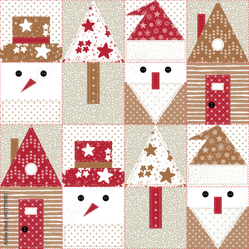Christmas, New Year, Winter Holidays. Patchwork Vector Background with Snowman, Santa, Christmas tree, House. Decorative Abstract Geometric Mosaic Pattern in Folk Style. Seamless Quilting pattern. 