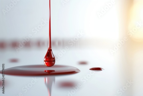 A close-up shot of a red liquid droplet making contact with a white surface, creating a splash effect. © ibnu