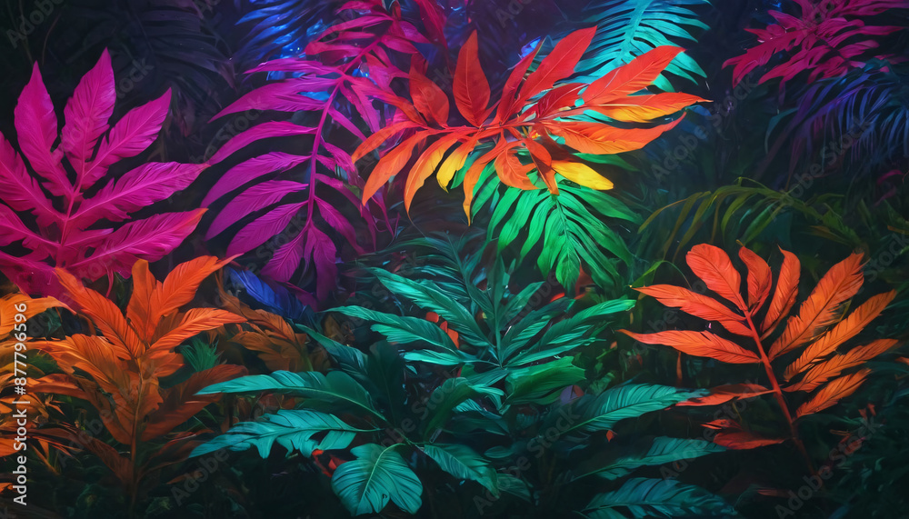 palm leaves and jungle vegetation illuminated in gradient color, background for text palm leaves and jungle vegetation illuminated in gradient color, background for text