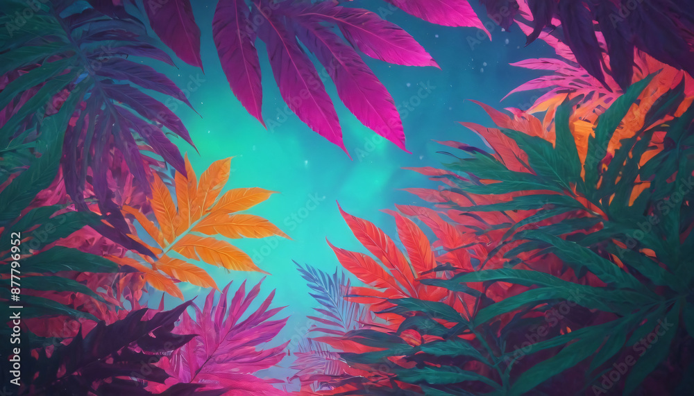 palm leaves and jungle vegetation illuminated in gradient color, background for text palm leaves and jungle vegetation illuminated in gradient color, background for text