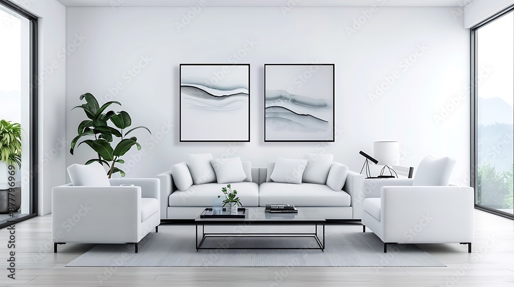 Create a minimalist living room ambiance with ink paintings, books, and subtle decorative items copy space for text, focus cover all adject, deep dept of field, nodust Create a minimalist living room ambiance with ink paintings, books, and subtle decorative items copy space for text, focus cover all adject, deep dept of field, nodust