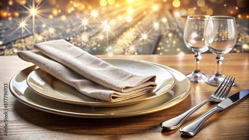 A sparkling clean and empty diner table set with utensils, napkin, and plate, with a crumpled cleaning cloth nearby.