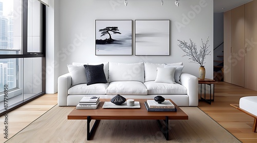 Craft a serene living environment showcasing ink paintings, books, and understated decor elements copy space for text, focus cover all adject, deep dept of field, nodust © naphat
