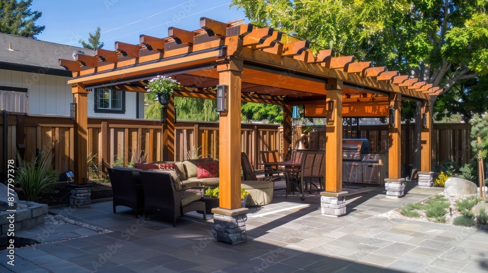 wooden Craftsman-style pergola with adjustable shades, providing customizable sun and weather protection for an outdoor seating area