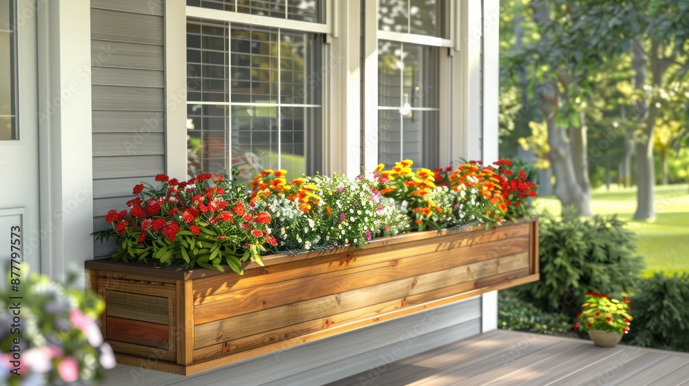 Fototapeta premium wooden Craftsman-style planter box for a front porch, designed to hold seasonal flowers and enhance curb appeal