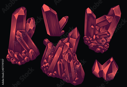 Precious Crystals. Design set. Editable hand drawn illustration. Vector vintage engraving. Isolated on black background. 8 EPS