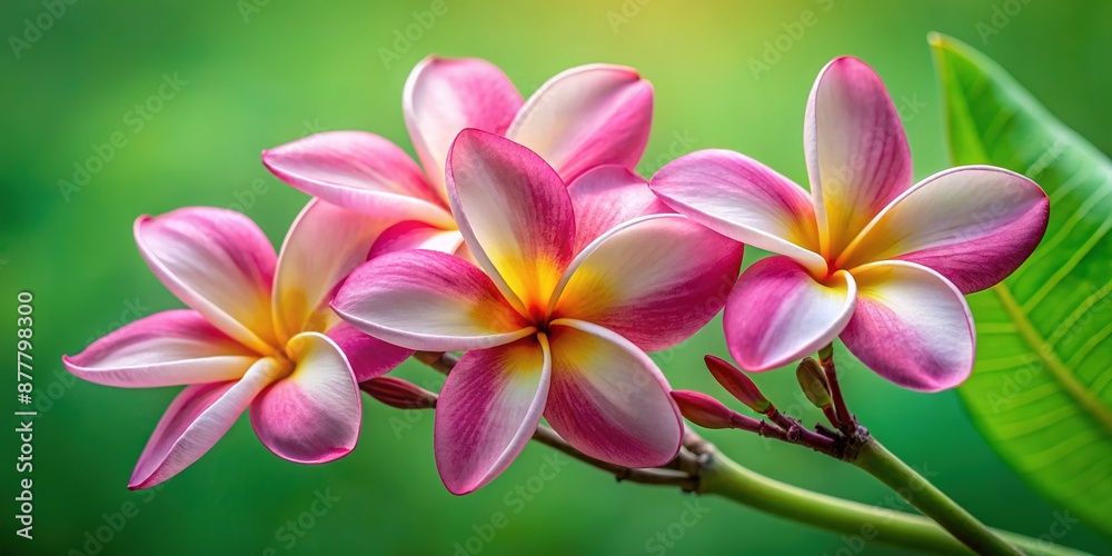 Delicate pink petals of the exotic frangipani flower unfold like silk ribbons,draping gently around a slender stem,contrastingly set against a soft green backdrop.