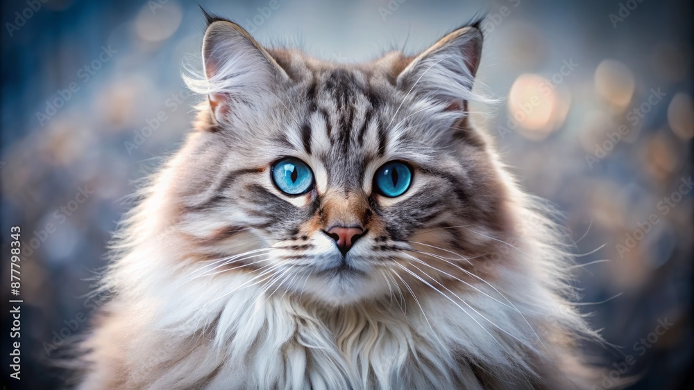 Majestic Siberian cat with piercing blue eyes and thick grey coat poses regally against a soft, blurred background. Majestic Siberian cat with piercing blue eyes and thick grey coat poses regally against a soft, blurred background.