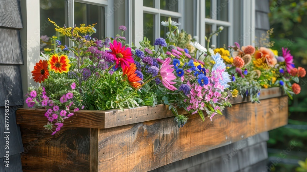 wooden Craftsman-style window box filled with colorful seasonal flowers, adding charm to a home's exterior wooden Craftsman-style window box filled with colorful seasonal flowers, adding charm to a home's exterior