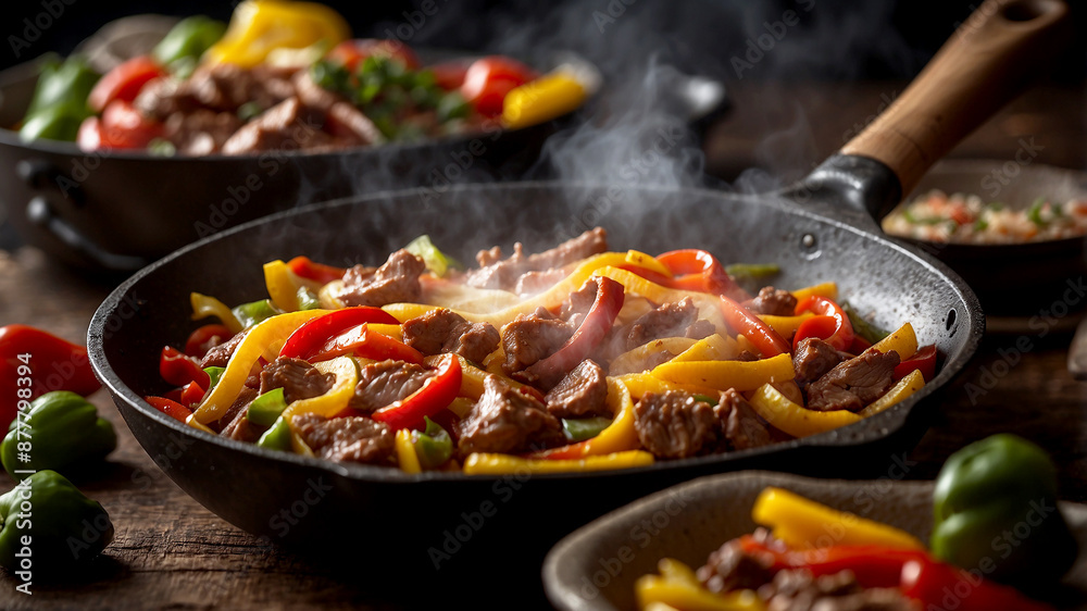 sizzling skillet of fajitas, showcasing strips of tender beef or chicken searing with bell peppers and onions sizzling skillet of fajitas, showcasing strips of tender beef or chicken searing with bell peppers and onions