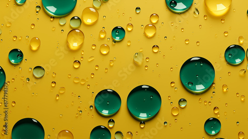 Green Drops of Ink, Water, Liquid on Yellow Background, Abstract Image, Texture, Pattern Background, Wallpaper, Cover and Screen of Mobile, Smartphone, Computer, Laptop, Format 9:16 and 16:9