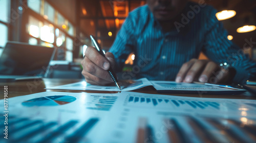 A businessman analyzing a companys financial statement. businessman analyzing