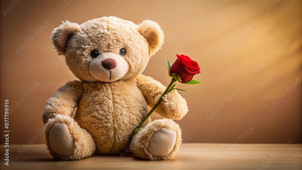 Adorable cuddly teddy bear holding a delicate long-stemmed red rose against a soft warm beige background with subtle shadows. Adorable cuddly teddy bear holding a delicate long-stemmed red rose against a soft warm beige background with subtle shadows.
