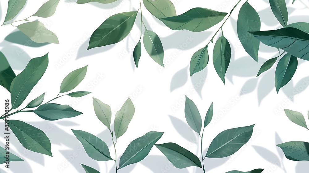 Green leaves with shadows on a white background. Green leaves with shadows on a white background.