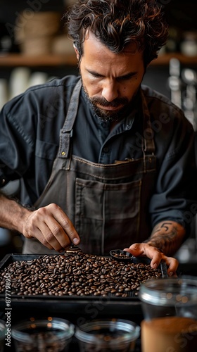 A barista carefully weighing coffee beans on a scale