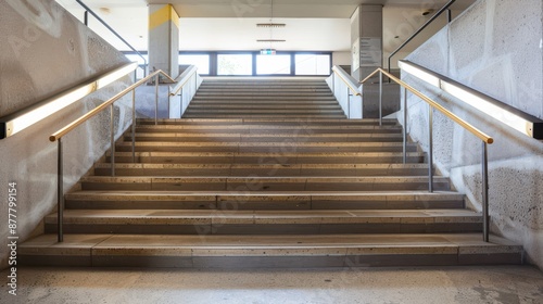 Concrete Stairwell With Wooden Steps and Handrails in a Modern Building
