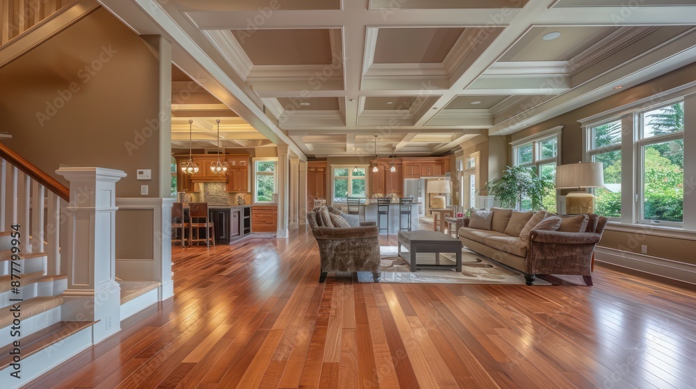 interior view of a Craftsman living room with coffered ceilings and hardwood floors interior view of a Craftsman living room with coffered ceilings and hardwood floors