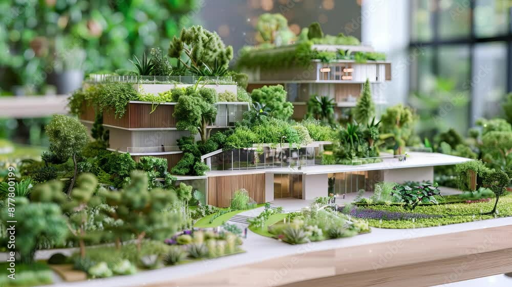 Urban planners design sustainable city models featuring eco-friendly green spaces and community gardens, integrating lush vegetation around energy-efficient residential house for a sustainable future.