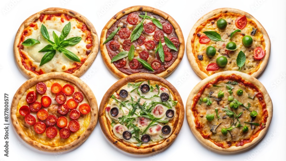 Assorted six pizza varieties arranged artfully on white background, top view, perfect for menu, delivery, and fast food advertising. Assorted six pizza varieties arranged artfully on white background, top view, perfect for menu, delivery, and fast food advertising.