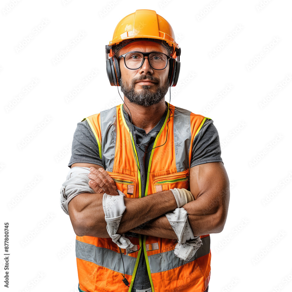 Builder man isolated on a transparent background for web banner, wallpaper